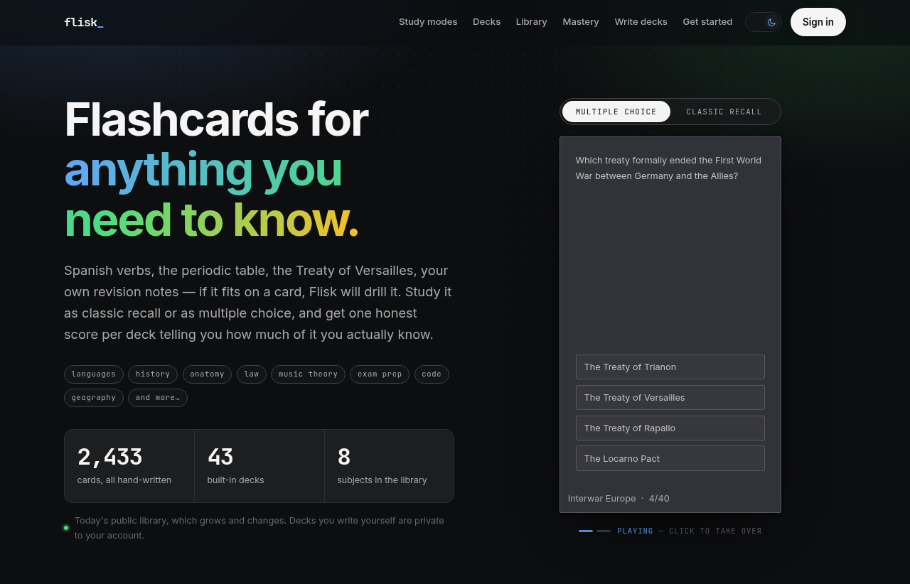 Flisk homepage — a dark, spring-green flashcards app showing a multiple-choice study card and library stats